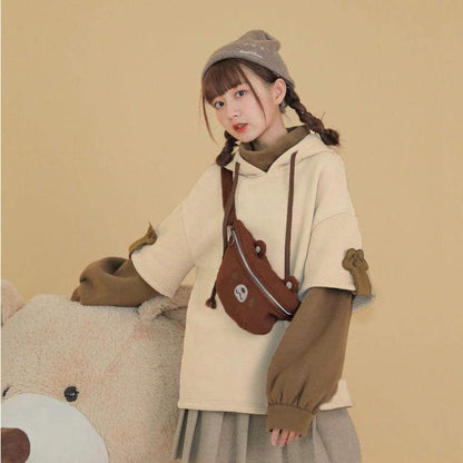 Women'S Fashion Brown Bear Hoodies, Winter plus Size Cute Comfy Color Block Long Sleeve Hooded Pullover Tops with Bag
