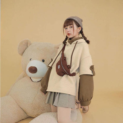 Women'S Fashion Brown Bear Hoodies, Winter plus Size Cute Comfy Color Block Long Sleeve Hooded Pullover Tops with Bag